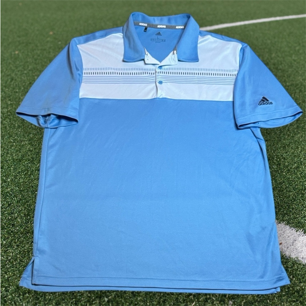 Adidas Men's Sky Blue Golf Polo with White Stripes sz L
